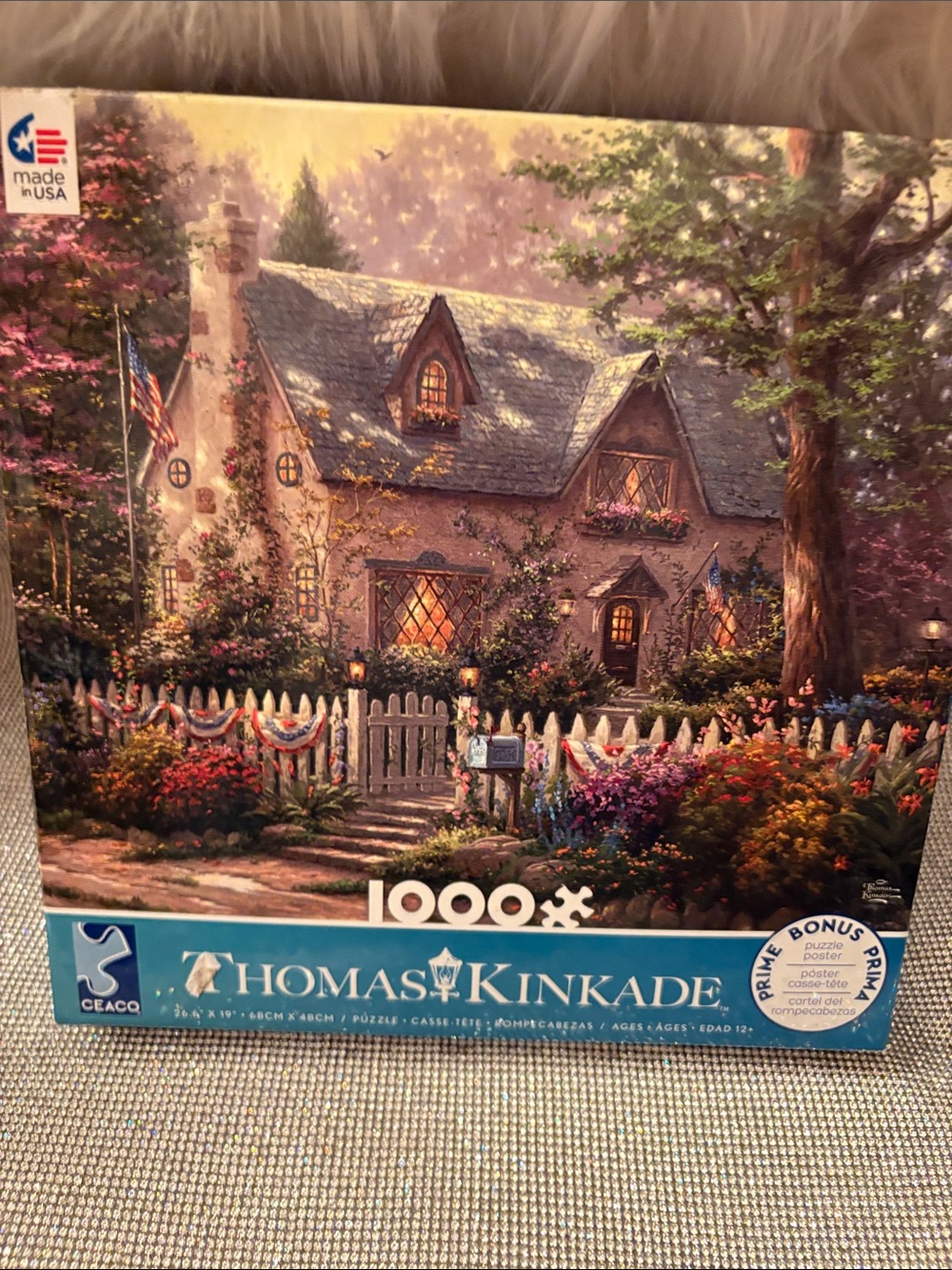 Thomas Kinkade Cottage Evening Scene - Blue, Green, Pink, Yellow